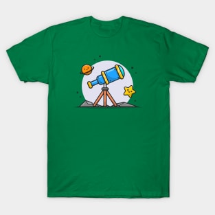 Telescope Astronomy Viewing Cute Planet and Cute Star Cartoon Vector Icon Illustration T-Shirt